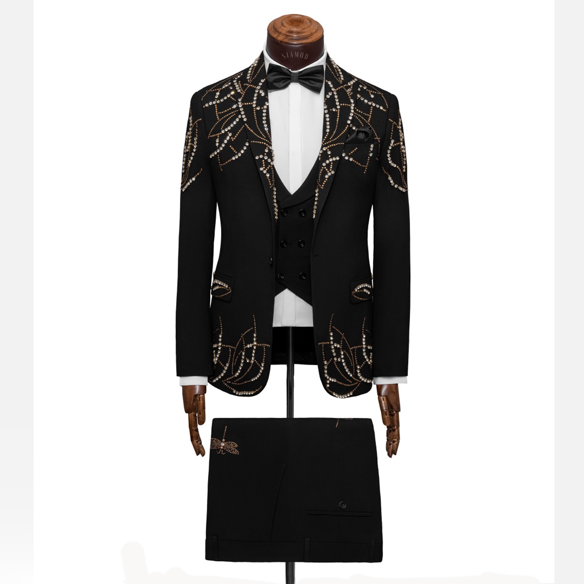 کت و شلوار و ژیله تک دکمه یقه بلیزر نگین کاری شده طلایی اف سی FC