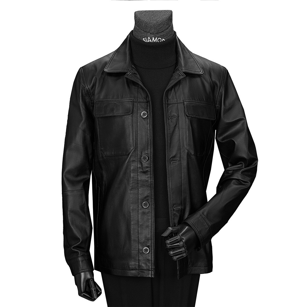 کاپشن یقه مردانه دوخت بانتو طرح سافاری تمام چرم سیامد کد 8005